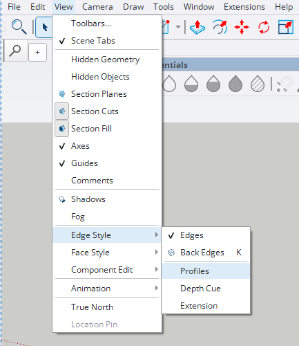 SketchUp Edge Style menu showing the Profiles setting used when importing generated furniture models.