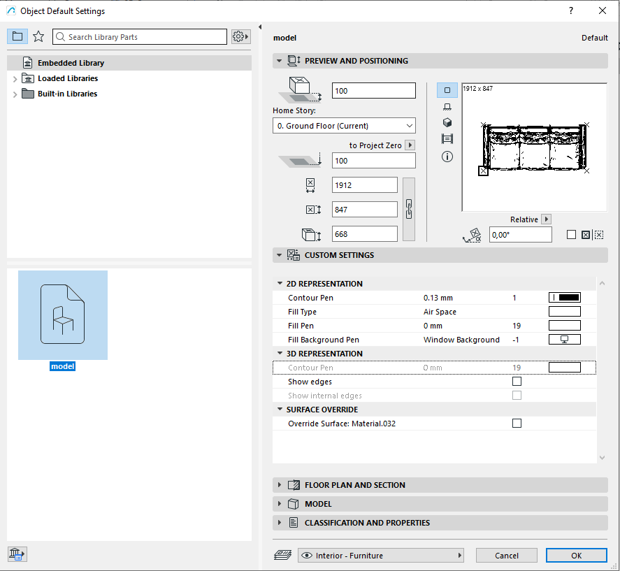 ArchiCAD Object Default Settings used after importing a generated OBJ furniture model.